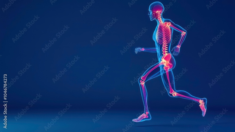 Poster x-ray digital skeleton of a runner with a blue background. the skeleton's legs and joints are highli