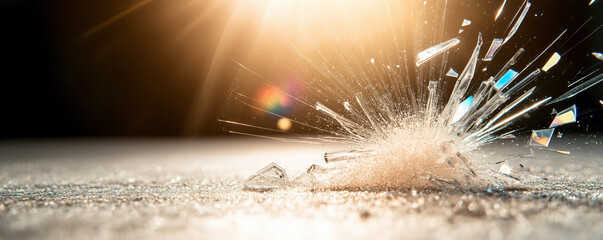 Shattered glass fragments scattered on the ground under the bright sun, portraying peril and ruin in a close-up view. No people, indoors, gleaming and reflective