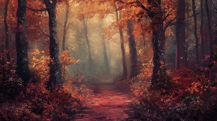 A serene forest path surrounded by vibrant autumn foliage and soft light.