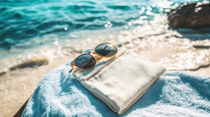 A waterproof beach pouch filled with sunscreen and sunglasses, lying on a towel beside a tropical ocean