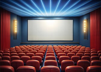 An illustration of the interior of a cinema movie theatre with copy space on the screen