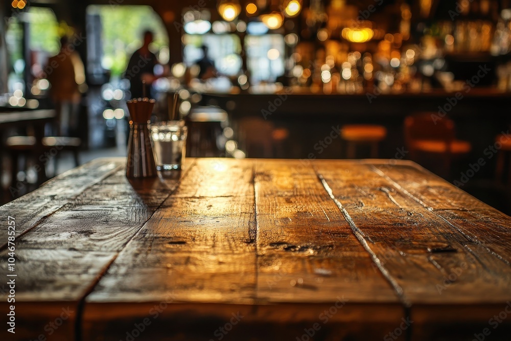 Poster empty wooden table in a bar with salt and pepper shakers in the foreground and blurred background of