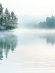 Fototapeta premium The calm surface of a lake reflects foggy trees during early morning, creating a serene atmosphere of tranquility and beauty. Generative AI