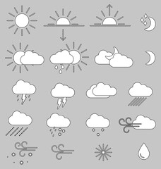 Collection of white weather icons with black outline. Set of vector icons