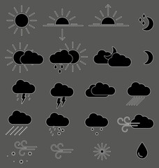 Collection of black weather icons with white outline. Set of vector icons