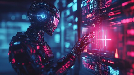 Naklejka premium Robot with Ai word touching hologram screen