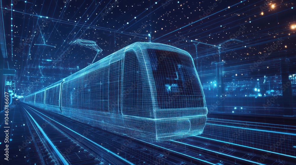 Poster a digital representation of a futuristic train in a high-tech environment.