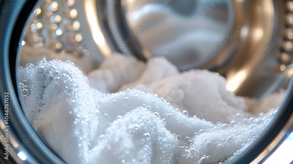 Aufkleber A washing machine drum is packed with soft white towels soaking in water as they undergo a wash cycle, creating a bubbly texture. Generative AI