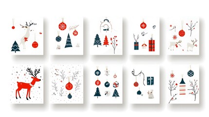 Festive Christmas and New Year set featuring a variety of holiday designs with ornaments reindeer and other winter elements ideal for graphic web and print design projects