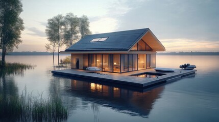 Obraz premium Floating house with a dock and boat.