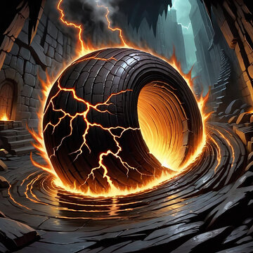 A fiery sphere, cracked and glowing with magma, rests on a rocky surface, surrounded by a swirling vortex of molten fire. The sphere appears to be an ancient artifact, surrounded by the ruins of a onc