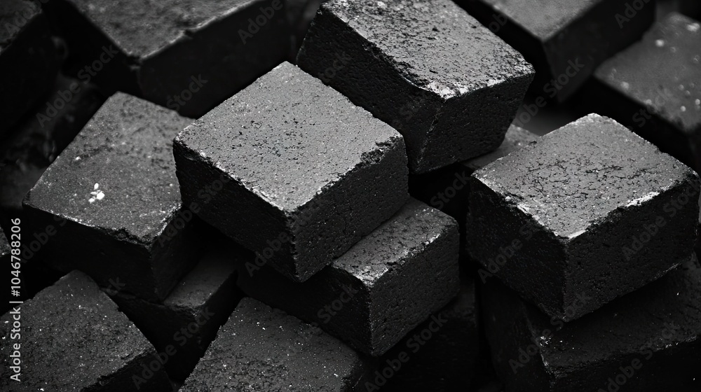 Poster a monochrome image of black bricks stacked in a pile, emphasizing their rough texture and the stark 