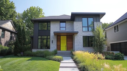 Contemporary suburban home with unique asymmetrical design and vibrant door.