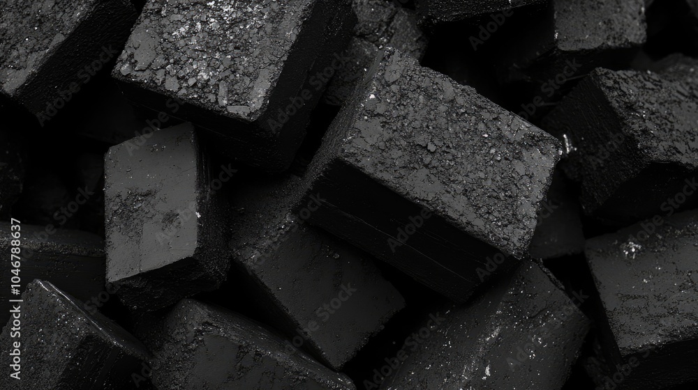 Poster a monochrome image of black bricks stacked in a pile, emphasizing their rough texture and the stark 