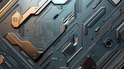 Futuristic geometric pattern with metallic textures and circuit designs