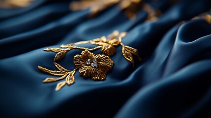 A close-up of a blue fabric with a golden floral embroidery.