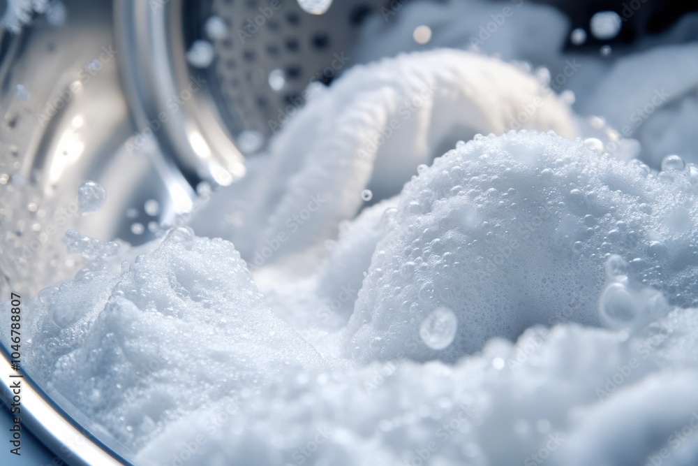 Aufkleber a close view shows a washing machine drum packed with fluffy white towels soaking in bubbles during 