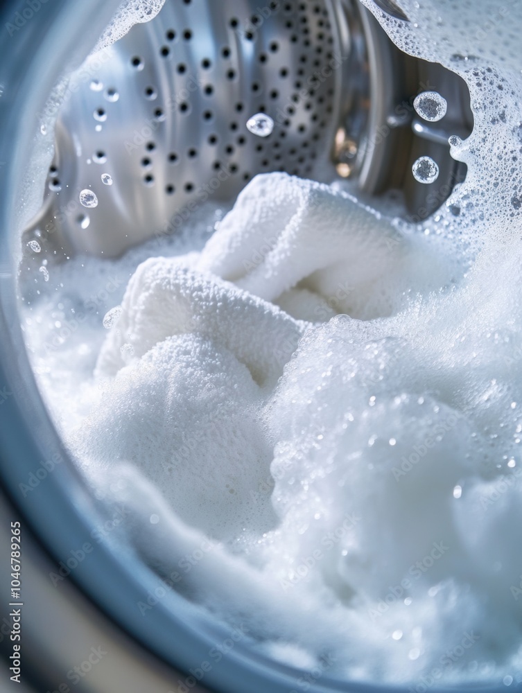 Poster a washing machine drum is filled with white towels soaked in soapy water, illustrating the cleaning 