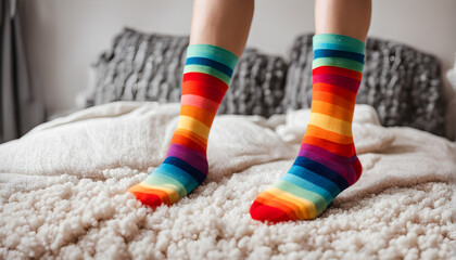 Feet of happy   in winter socks lying together on couch in living room. conncept holiday socks generative ai.