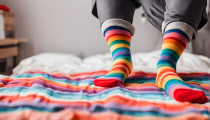 Feet of happy   in winter socks lying together on couch in living room. conncept holiday socks generative ai.