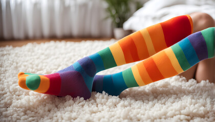 Feet of happy   in winter socks lying together on couch in living room. conncept holiday socks generative ai.