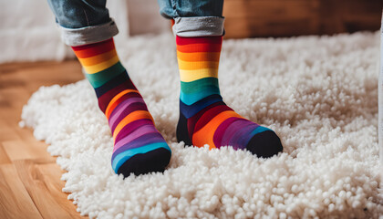 Feet of happy   in winter socks lying together on couch in living room. conncept holiday socks generative ai.