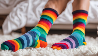 Feet of happy   in winter socks lying together on couch in living room. conncept holiday socks generative ai.