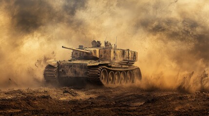 Fototapeta premium A mud-caked military vehicle drives through a battlefield amidst smoke and dust, portraying the harsh and chaotic conditions of war.