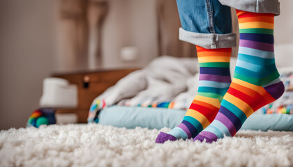 Feet of happy   in winter socks lying together on couch in living room. conncept holiday socks generative ai.