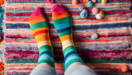 Feet of happy   in winter socks lying together on couch in living room. conncept holiday socks generative ai.