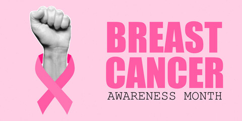 Halftone style banner, breast cancer awareness month. Paper cutouts, fist. Pink ribbon, concept of hope and fight.