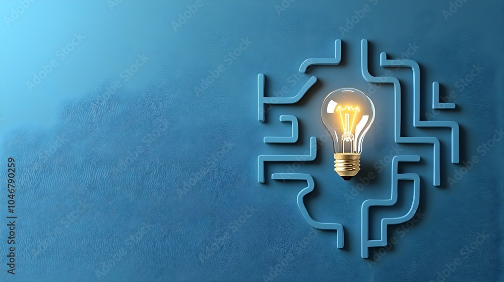 Poster Illuminated Labyrinth Design on a Deep Blue Background Representing the Journey of Innovation and Creative Problem Solving Strategies