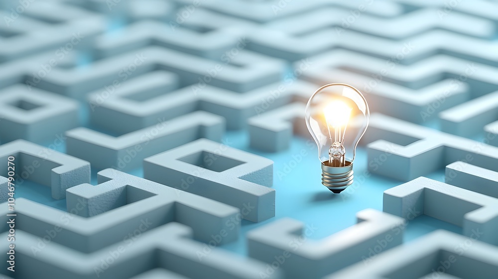 Aufkleber Close up view of a maze like pattern with a bright light bulb at the exit against a blue and white background symbolizing breakthroughs problem solving and the of new ideas and creative solutions