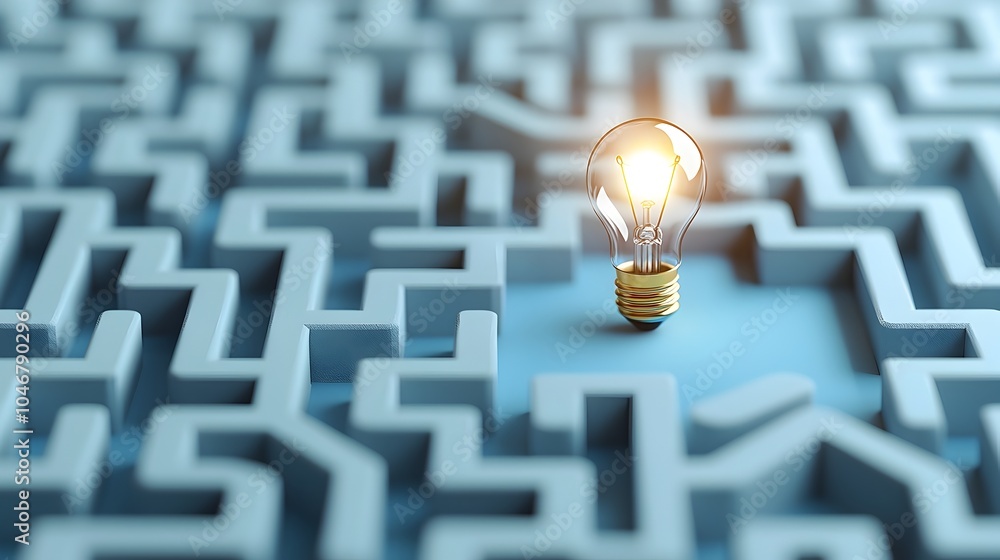 Poster close up of a maze with a bright light bulb at the exit set against a blue and white background symb