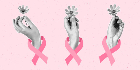 Halftone style banner, breast cancer awareness month. Elements cut out of paper, hands holding flowers. Pink ribbon, hope concept.