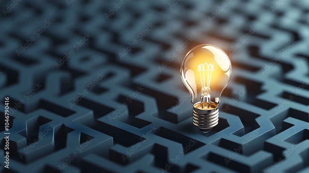 Poster A maze with a glowing light bulb in the center on a dark blue background symbolizing the creativity and problem solving process in an idea or innovation concept
