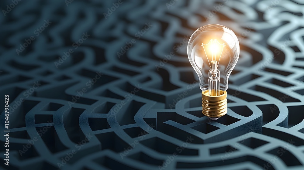 Poster Maze with a Shining Light Bulb on a Dark Blue Background Representing the Process of Solving Complex Problems and Generating New Ideas for Innovation and Growth
