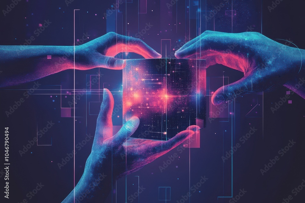 Poster two glowing hands holding a cube with a galaxy inside, representing the power of technology and know