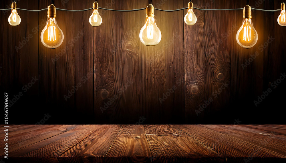 Poster retro light bulbs illuminate empty dark wood with a blank space. _1(679)
