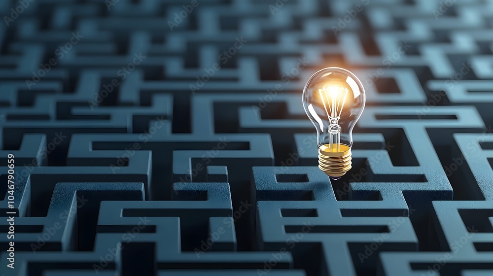 Poster Illuminating the Path Through Complexity A Shining Light Bulb in a Maze on a Dark Blue Background Representing the Process of Solving Complex Problems and Generating New Ideas