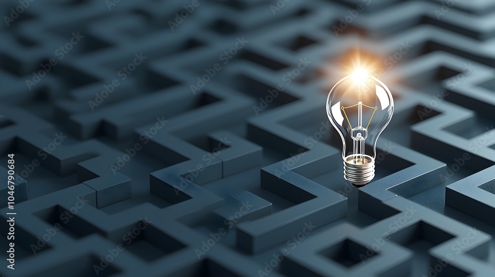 Poster Maze with a Shining Light Bulb on a Dark Blue Background Representing the Process of Solving Complex Problems and Generating New Creative Ideas for Business Innovation and Success