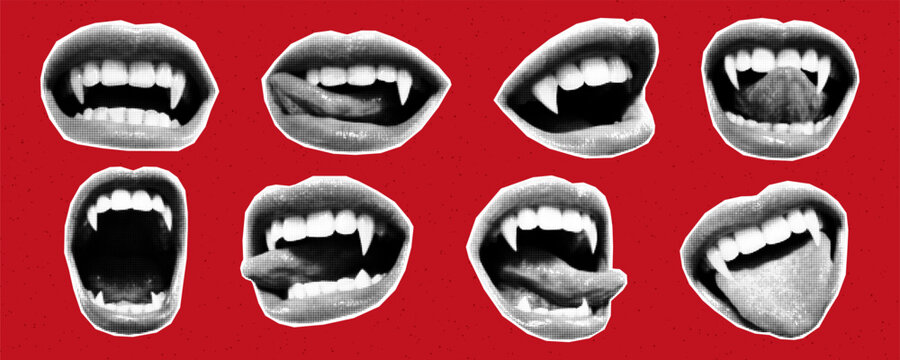 Open mouths of vampire with different emotions cut out of paper, halftone collage style stickers. Sharp fangs, creepy mixed media design, creepy halloween, fear.