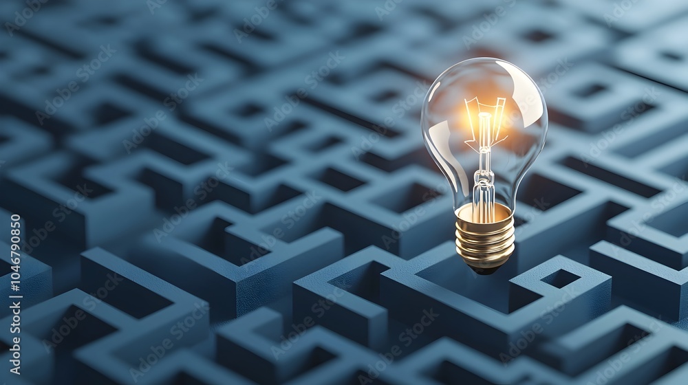 Poster Glowing light bulb at the center of a complex maze on a dark blue background symbolizing the process of innovation idea discovery and problem solving