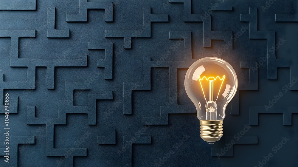 Poster glowing light bulb at the center of a complex maze on a dark blue background representing the proces