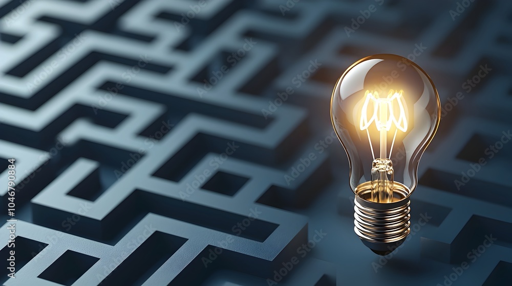 Poster Glowing light bulb at the center of a complex maze on a dark blue background symbolizing the process of innovation idea discovery and overcoming challenges to find solutions and achieve breakthroughs