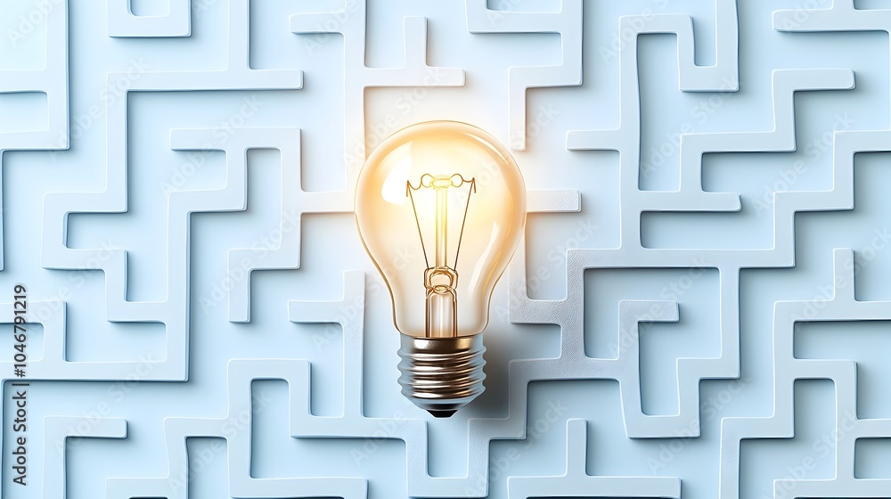 Poster Glowing light bulb in the middle of a complex maze design on a blue and white background symbolizing the emergence and illumination of creative ideas innovation and problem solving