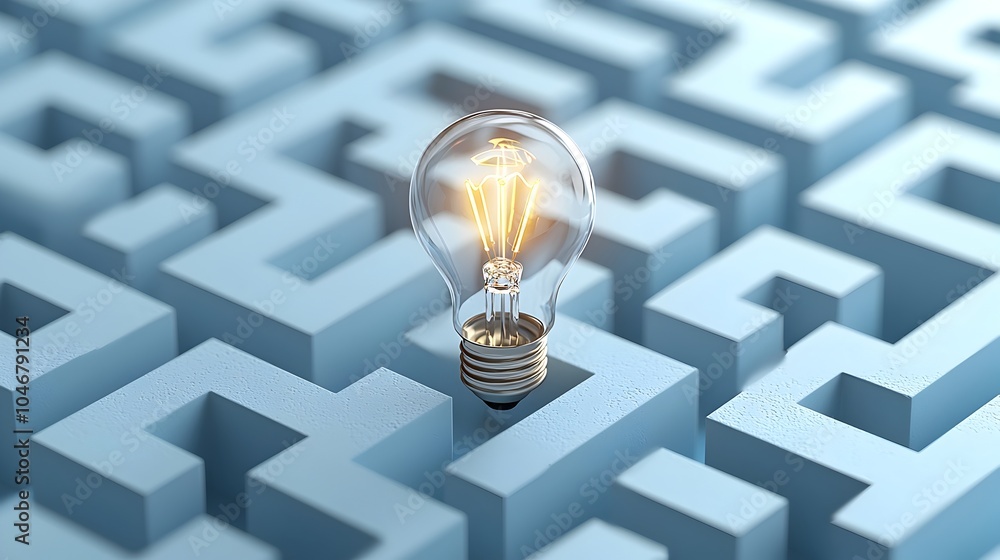 Poster Glowing light bulb at the center of an abstract maze like design on a blue and white background representing the emergence of a creative idea or solution