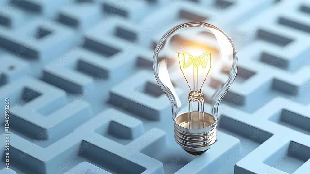 Poster Glowing Lightbulb Shining Through a Maze Design on a Blue and White Background Symbolizing the Emergence of Innovative Ideas and Creative Problem Solving