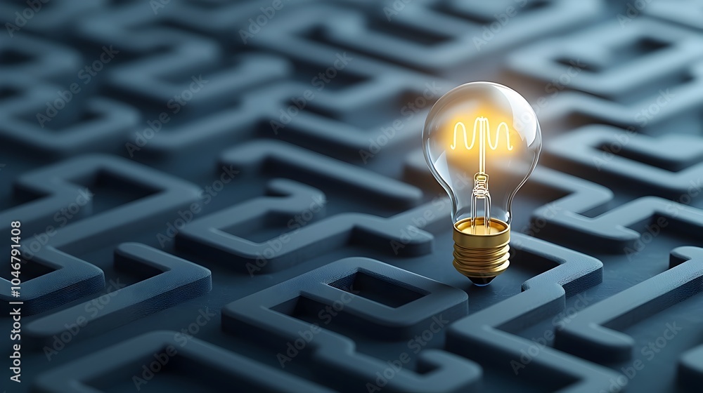 Poster Glowing light bulb at the center of an intricate labyrinth design against a dark blue background representing the innovative and creative thinking of intelligence and generative concepts