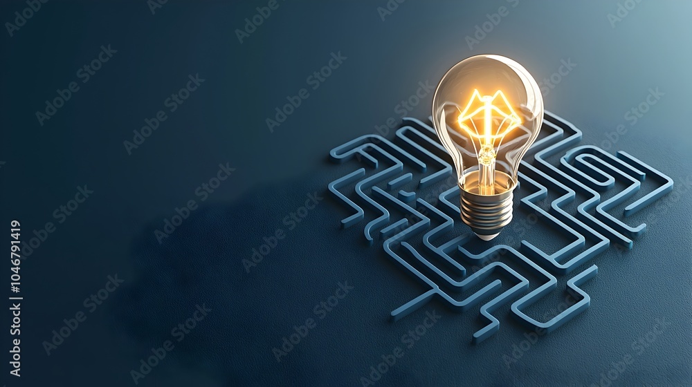 Poster Generative Concept with Glowing Light Bulb at the Heart of a Labyrinth on Dark Blue Background Representing Innovation Creative Thinking and the Transformative Power of Technology